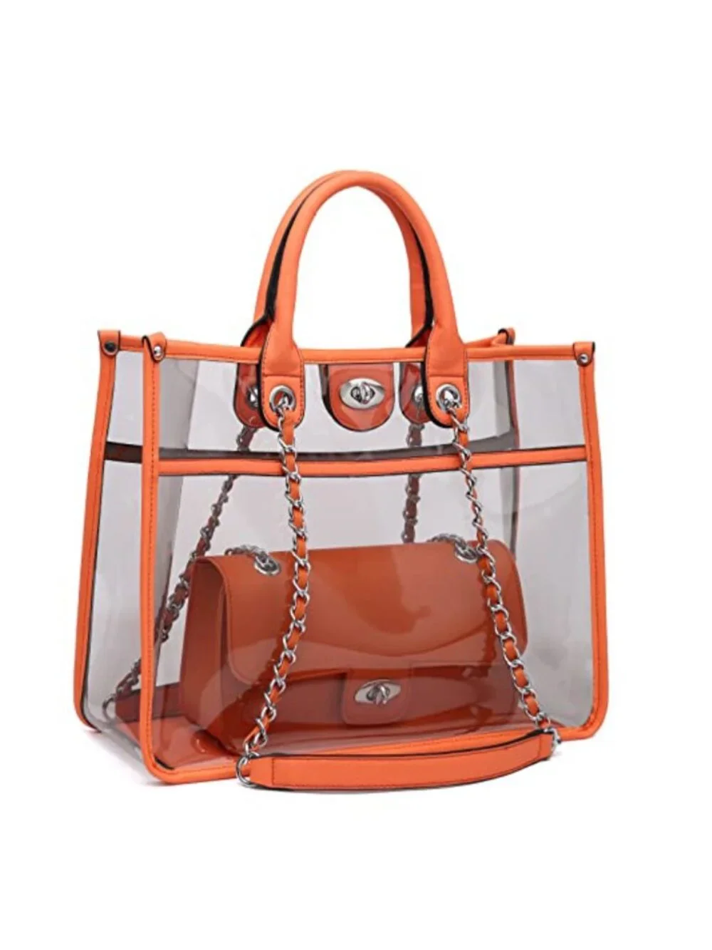 Clear Stadium Tote Bag 2-in-1 PVC Faux Leather Handbag with Crossbody Purse